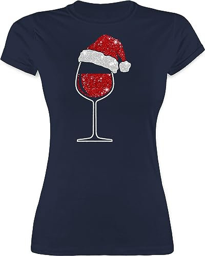 Shirt Damen - Geschenke Christmas Bekleidung - Weinglas mit Weihnachtsmütze I Weihnachtsmotiv Wein I Geschenk Weinliebhaber Weihnachten - XL - Navy Blau - weihnachtsshirt weihnachtsthirt weihnacht
