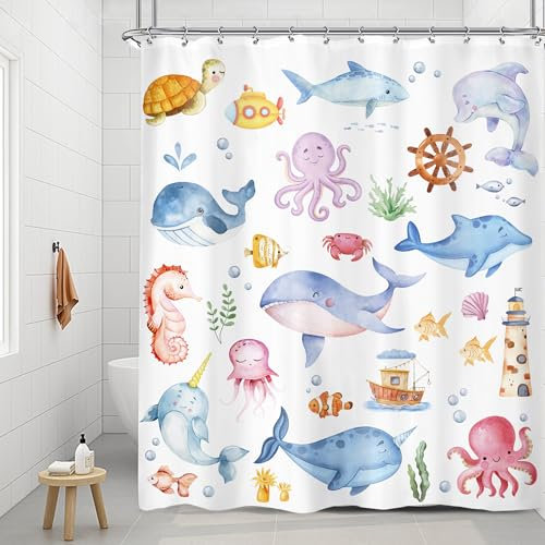Riyidecor Cortina de ducha para niños, 152 cm de ancho x 182 cm de alto, diseño de delfín, ballena, pulpo, caricatura, animal, submarino, océano, vida marina, adorable pez, tortuga, decoración de