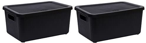 JMS we create smile (Set of 2 14L Litre Plastic Storage Box With Lid & Handles Multipurpose Stackable Basket Storage Containers - Decorative Household Organisers (Black)