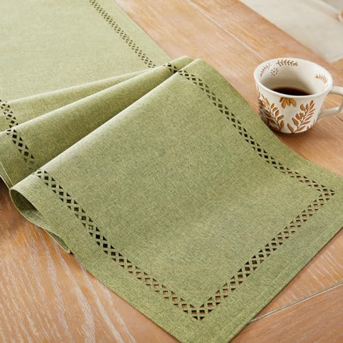 Aoztio Tischläufer Salbeigrün, Leinen Stil Tischläufer Outdoor 180 cm Lang | Abwaschbar, Modern Geometrisches Lochmuster, Geburtstag, Hochzeit, Festessen Urlaub Parteien und täglichen Gebrauch