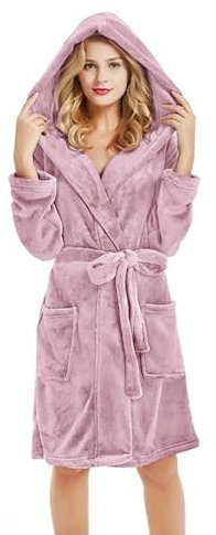 U2SKIIN Women Hooded Dressing Gown, Short Plush Fleece Bath Robes for Womens With Hood Soft Warm Spa Bathrobe (Dusty Pink-Hooded, S/M)