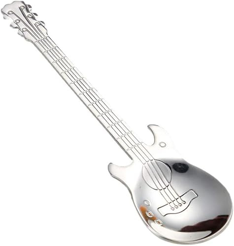 Silberner Edelstahl-Löffel mit Cartoon-Gitarre, Milch, Kaffee, Eis, Süßigkeiten, Dessert, Teelöffel für Zuhause, Bar, nützlich und langlebig, Speziallöffel, Löffel