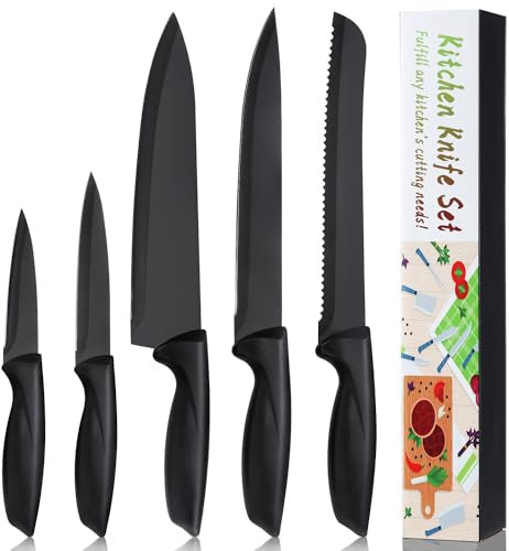 BEWOS Kitchen Knives Set, 5-Piece Stainless Steel Knife Set with Chef's Knife, Bread Knife, Slicing Knife, Utility Knife, and Paring Knife, with Black Rust Resistant Non-Stick Coating