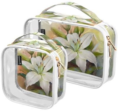 Trousse de toilette de voyage transparente, fleur de lys blanc 2 pièces, sac de maquillage portable, sac cosmétique transparent, pochette de rangement de voyage, A974, Trousse de toilette