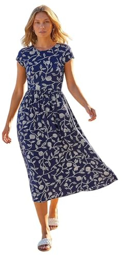 Roman Midi Dress with Pockets for Women UK Ladies Stretchy Jersey Maxi Long Short Sleeve Elasticated Gathered High Waist Boho Flattering Skater Swing Fit Flare - Navy & White - Size 12