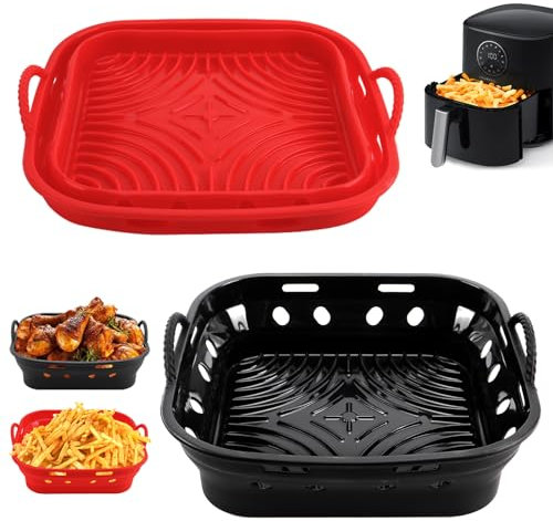Fuwnvuwn 2PCS Accessoire Air Fryer, Moule Silicone Air Fryer 22 cm, Moule Air Fryer, Plat Silicone Air Fryer, Moule pour Air Fryer Compatible avec Cecotec 5,5L/Aigostar/Philips/COSORI (Noir+Rouge)