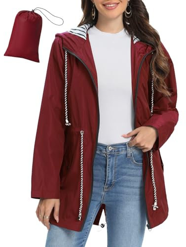 Vijamiy Vêtements Imperméables Femme Léger Veste de Pluie Long Manteaux Imperméables avec Capuche D'extérieur Coupe Vent Grande Taille Impermeable Veste(Bourgogne,S)