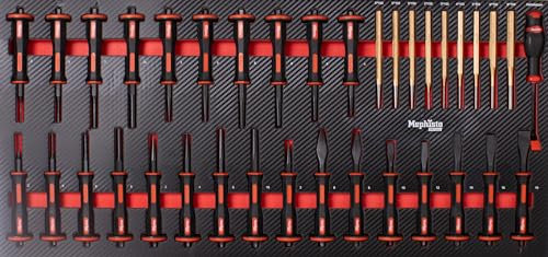 Mephisto Werkzeugeinlage Werkzeug Set Pro Line Werkstattwageneinlage mit Chrom-Vanadium Werkzeug Meisel, Hebeleisen und Durchschläge in Soft Inlay in Carbonoptik