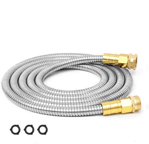 SPRIKIR Tuyau d'arrosage en métal de 3 m, court en acier inoxydable avec raccord en cuivre massif 3/4, petit tuyau anti-fuite pour extérieur, cour, pelouse, terrasse