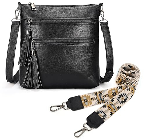 UTO Umhängetasche Damen und Herren Groß Leder mit Quaste Reißverschluss Unisex Messenger Bag Verstellbar Schulter Kunstleder Crossbody PU Leder Schultertasche für Abend Freizeit Lässig Business