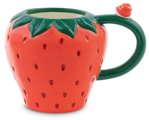 ban.do Novedosa taza de cerámica, taza de café y té de 12 onzas con asa grande, apta para lavavajillas y microondas, taza de frutas 3D, fresa