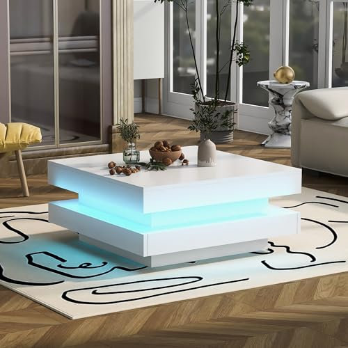 BTM Table Basse Blanche avec Eclairage LED Réglable, Table Basse Carrée Moderne, Table d'appoint pour Salon, Contrôle des Applications, Charge de 30kg, 70x70x36 cm, Blanc