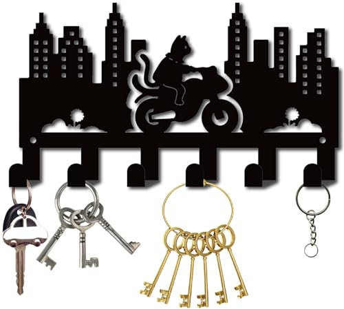 CREATCABIN Key Holder for Wall Mounted Hook Key Organizer Hangers with 6 Hooks Metal Cats Ride Motorcycles City Key Hanging Rack Wall Decorative Hook for Clothes Entryway Front Door Hallway 10.6x6Inch