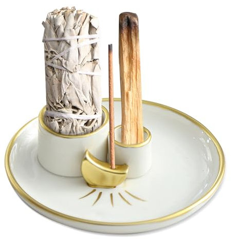Räucherstäbchen Halter, 4-in-1 Keramik Räucherschale Moon Design, Incense Holder für Palo Santo, Salbei Räuchern, Kerzen, Räucherstäbchen