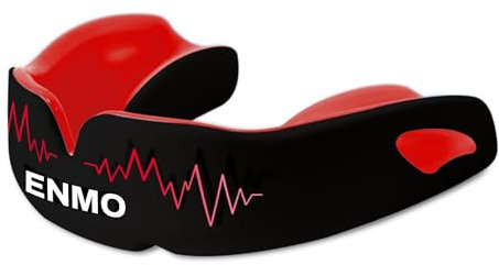 Enmo Maxilla Pro Mundschutz, mit Etui, Erwachsene und Kinder ab 10 Jahren, dreilagig, Gelkanal, Breathing Channel Tech, Boil and Bite, antimikrobiell, Kontaktsport - Radio Schwarz/Rot
