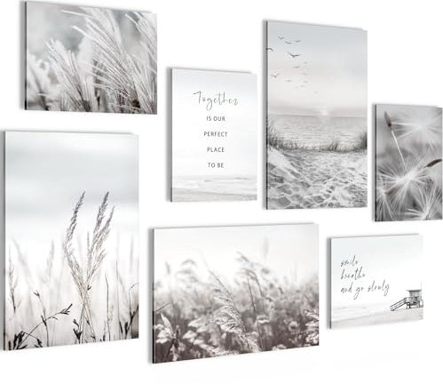 Novart Wandbilder Set Strand Meer Boho Schwarz Weiss - KEIN EXTRA RAHMEN BENÖTIGT - Modern Deko - Wohnzimmer Schlafzimmer Flur N033872b