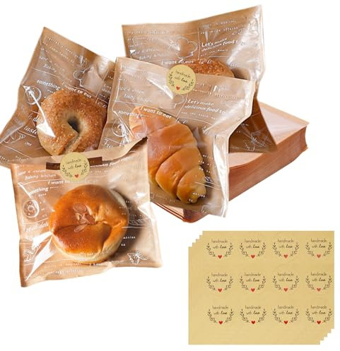 CutitiUU Ölbeständige Kraftpapier-Toast-Donut-Tasche 100 Stück + Aufkleber 120 Stück,Fettdichte Papiertüten, braune Kraftpapiertüten,18 x 19 CM,Kraftbeutel,Ölbeständig,Für Pommes Brot,Sandwich