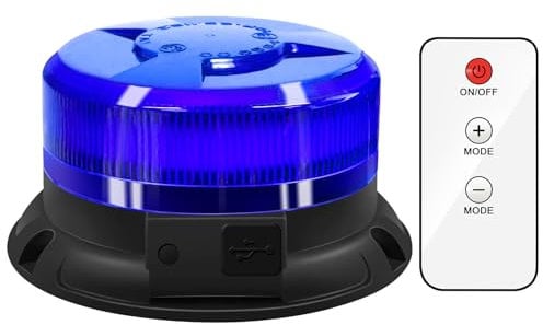 antom Rundumleuchte akku Mit Fernsteuerung 9 Blitzmuster 12V 24V Blau Warnleuchte led magnet mit Kfz-Ladekabel und USB-Kabel für Auto LKW Traktor Golfwagen SUV