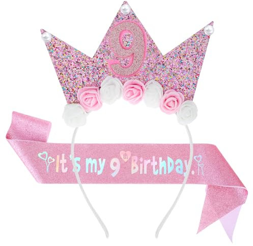 Nogeqi 9 Jahre Geburtstagskrone Mädchen Schärpe, Krone Geburtstag Mädchen 9 Jahre mit Rose, Deko Geburtstag Kinder Geburtstagsdeko, Kindergeburtstag Prinzessin für Dekorationen Party