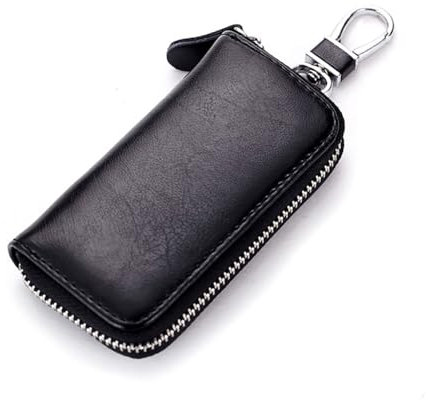Etui Porte-Clé Cuir, Etuis Porte-Clés de Voiture, Porte Clef Cuir, Portefeuille,Porte-clés avec Crochet en métal Et Fermeture éclair,Pochette Porte Cles Avec 6 crochets (noir)