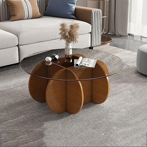 Moderna mesa de centro de cristal con base de madera maciza y parte superior de vidrio templado transparente, elegante mesa central para sala de estar o patio, 28 x 16 pulgadas, roble y blanco