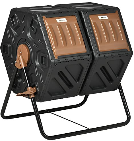 Outsunny Cubo de compostaje de jardín de doble cámara, compostador giratorio de 130 L, con aberturas de ventilación y patas de acero, color marrón oscuro y negro