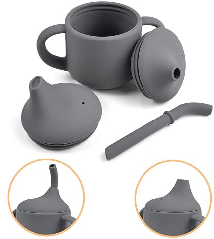 Pumpkin Products® Premium Stage One Sippy Cup, Silicone. Baby & Toddler. 3 Phase Beaker, Straw & Open-lid Cup, Two Handles 120ml / 4oz (Dark Grey)