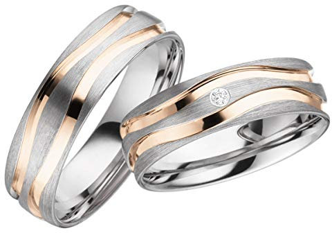 JC Trauringe Silber 925 Paarpreis Eheringe Rotgold Weißgold Plattiert 6,0 mm breit I Partnerringe mit kostenfreier Gravur + Etui I 2 Hochzeitsringe Herrenring ohne & Damenring mit Stein I LCC128