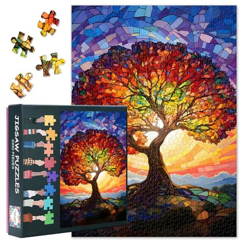 Jigsaw Puzzle - Tree of Life Art, Puzzles for Adults 1000 Piece (Sun & Tree Series), Challenging Jigsaw Puzzles for Adults 1000, Educational Games Home Decoration (27.5x19.7)