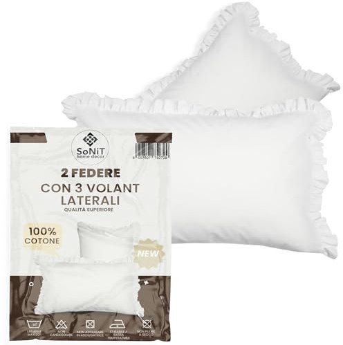 Sonit Kissenbezüge für Doppelbett mit Volant – Paar Kissenbezug Bett weiß – Kissenbezug 50 x 80 aus Baumwolle, atmungsaktiv, leicht zu reinigen
