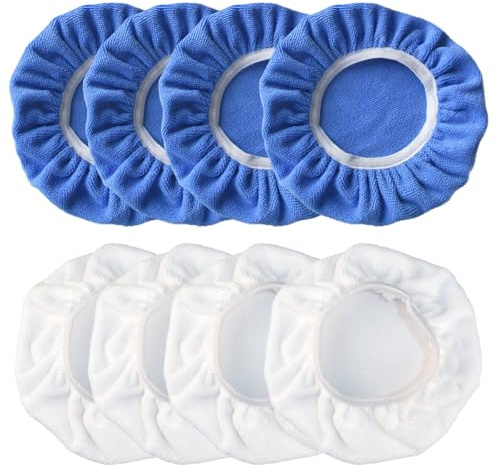 8 Stück Polierhauben Auto Bonnet Mikrofaser Mehrweg 230mm-250mm | Auto Polierhaube Autopolierpad Polishing Baumwoll Motorhaube für Autopoliermaschine, Blaue und Weiße