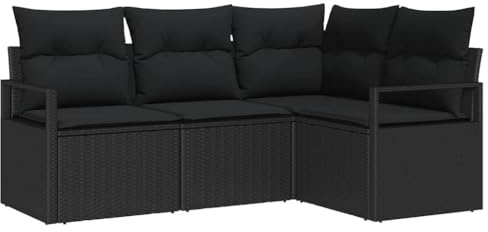 vidaXL 4-teiliges Garten-Sofa-Set mit Kissen in Schwarz aus Poly-Rattan, handgewebt. Ideal für draußen, auf der Terrasse oder im Garten. Wetterfest, UV-beständig und modern gestaltet.