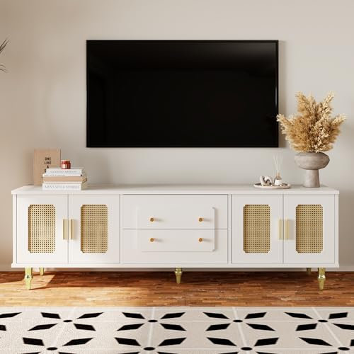 Oslghy Modulo TV, Mueble de Salon TV, Armario Bajo con Puerta de Ratán, Moderno Estilo Rústico Mueble para Salon con Patas de Metal y 2 Cajones, para Televisión de 70-79 In, 177x38x53 cm (Blanco)