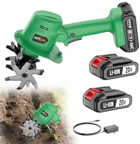 Muylux 20V Cordless Tiller Cultivator for Gardening, Electric Garden Tiller with 2 x 2.0Ah Batteries & Charger, Garden Rototiller for Lawn Gardening Soil Cultivation