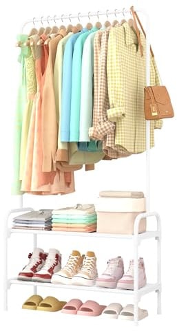 Sakugi Freestanding Clothing Rack 2-Tier Shoe Shelf, 74x30x150cm, White | Large Capacity Freestanding Clothes Rail, 2-Tier Shoe Organizer, Non-Slip Feet, For Bedroom, Entrance & Laundry