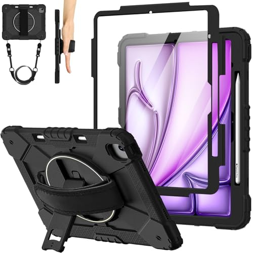 Hülle für iPad Air 13 Zoll (2025/2024) M3/M2, 360° Drehbarer Ständer und Handschlaufe, Schultergurt, Stifthalter (Schwarz)