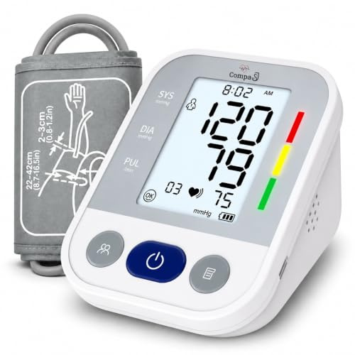 COMPASJ - Tensiómetro de brazo Monitor de Presión Arterial Digital Detección de Arritmia, Medición Precisa, Memoria hasta 99 lecturas, Brazalete Ajustable 22-42cm, para Mayores Familias. Incluye Pilas