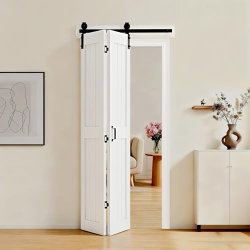 VEVOR Bifold Barn Door, 36 x 84, MDF Bi-Fold Sliding Closet Doors, Header Board and Hardware Kit Included, H-Frame Space-Saving Design, Panels Need to Assemble, Waterproof & Quiet, White