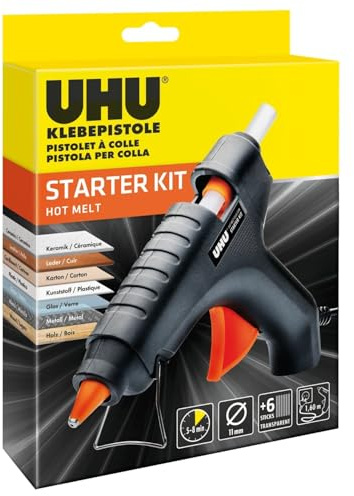 UHU Pistola per colla a caldo Starter Kit – Include 6 bastoncini di colla trasparenti da 11 mm, pronto all'uso in 5-8 minuti, per legno, metallo, vetro, tessuti e altro ancora