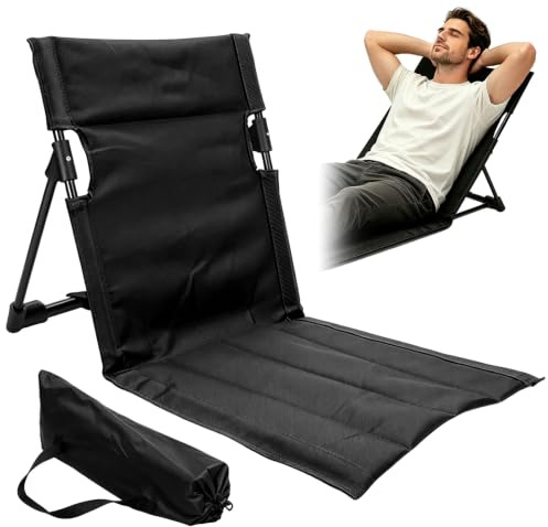 Strandmatte mit Rückenlehne Klappbar, Bodenstuhl Outdoor, Leicht & Tragbar | 600D Oxford, Strandstuhl Klappbar, Strandmatte für Strand Camping Picknick Garten Angeln Wandern, Schwarz
