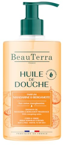 BeauTerra - Huile de Douche - Idéale Peaux Sèches - Corps & Visage - Sans Savon - 93% d'Origine Naturelle - Fabriqué en France - parfum Mandarine & Bergamote - Flacon Pompe 750 ml