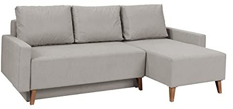 Ecksofa Oviedo, Eckcouch mit Bettkasten und Schlaffunktion, Seite Universal, Polsterecke, Elegante L-Form Couchgarnitur (Moric 06, Füße: San Remo Eiche Dunkel)