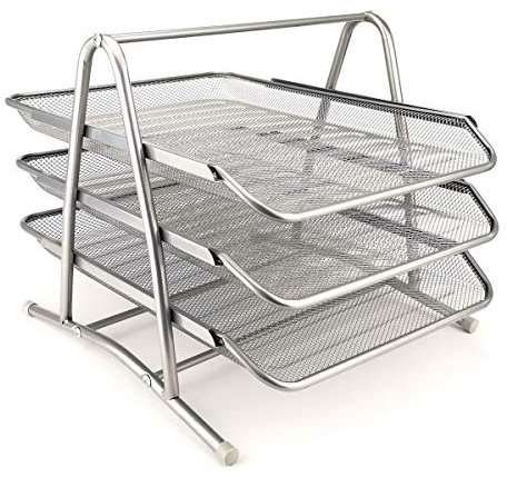 D.RECT 110486 Metall Ablagefächer Stapelbar - Büro Organizer Schreibtisch - Ablage Schreibtisch - 3 Schubfächer Briefablage Dokumentenablage A4 Organizer Mesh - Papierablage Silber Aktenablage