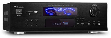 auna AMP 5100 BT 5.1 - Amplifier Verstärker, 2 x 120 Watt + 3 x 50 Watt RMS, Bluetooth-Funktion, USB-Port, SD-Slot, 2 Mikrofon-Anschlüsse, AUX-Eingang, 2 VU-Meter, schwarz