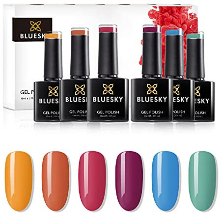 Bluesky Gel Nail Polish Set, Summer 2021 Collection, Orange, Pink, Purple, Blue, Green, 6 x 10 ml (Requires Curing Under LED or UV Lamp)