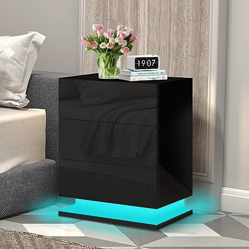 ELFORDSON Bedside Table 3-Drawer Nightstand High Gloss Storage Cabinet with RGB LED Light Wooden Bedroom Large Capacity Table Organizer - Black