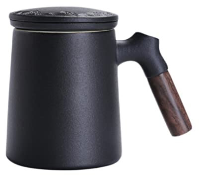 Homoyoyo 1 Set Ceramic Tea Mug Vintage Tea Cup Coffee Mugs Wooden Handle Japanese Tea Infuser Cup Teaware with Filter Tea Cup Lid for Office Black