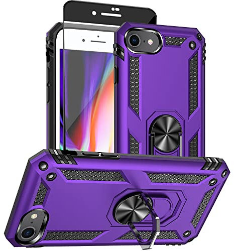 Aozuoton iPhone SE 2022/2020, 8/7 Case With HD Screen Protector - Military Grade 16ft. Drop Tested Ring Shockproof Protective Phone Cover, Purple