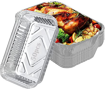 Timisea 50 bandejas de aluminio para barbacoa, desechables, de papel de aluminio, bandejas para recoger la grasa, bandejas de aluminio, 22 x 15 x 5,5 cm/1000 ml, reutilizables