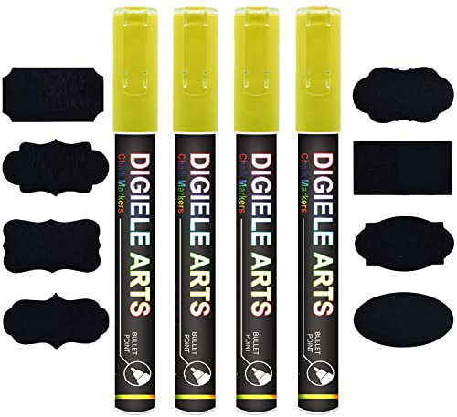 DIGIELE Kreidestift Gelb, 4 Stücke Gelb Kreidestifte 3mm + 16 Tafel Labels, Reversibel Dünne oder Mittlere Spitze, Trocken oder Feucht Abwischbare Flüssigkreide für Whiteboard, Tafel, Fenster & Glas